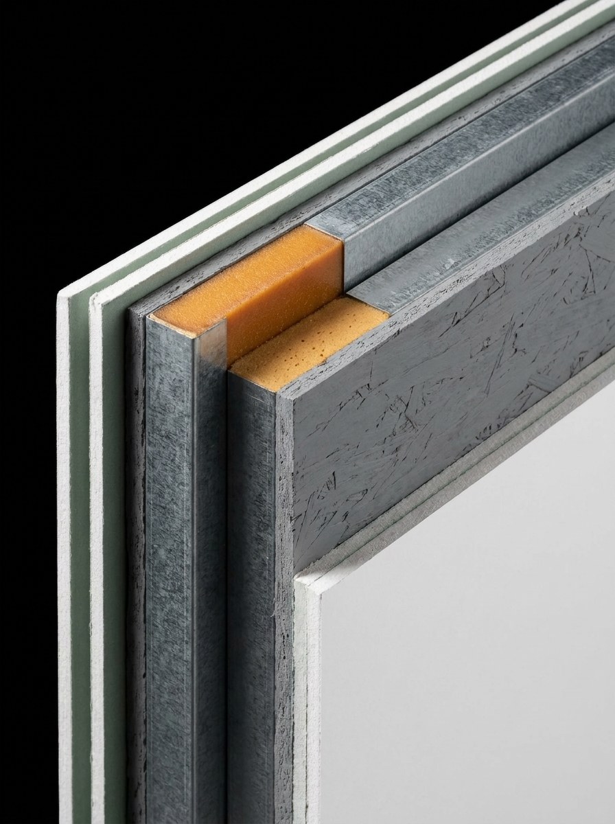 Panel Inbuild PH en corte: placas de yeso, bastidor de acero galvanizado, núcleo de poliuretano tipo PIR y placa OSB