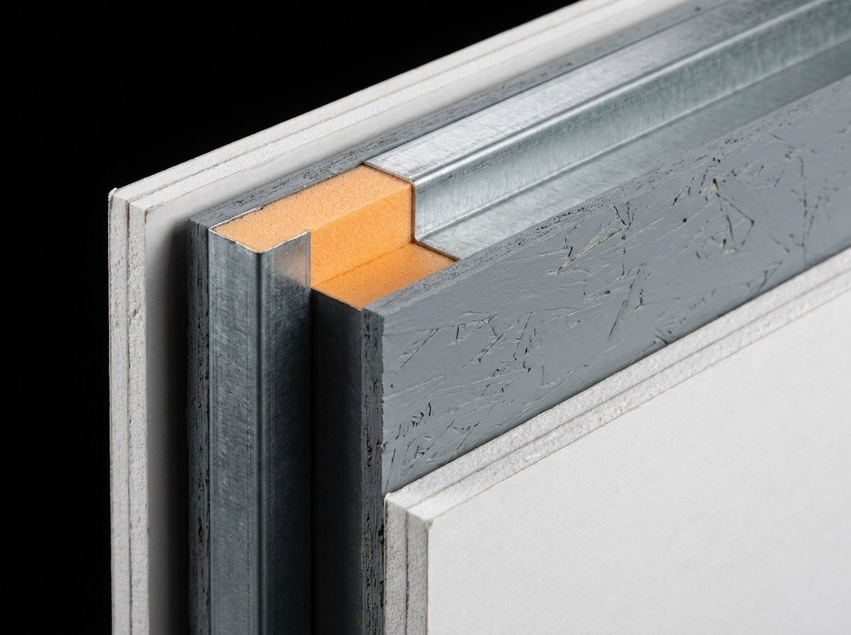 Panel interior Inbuild PH en corte: doble placa de yeso, bastidor galvanizado, núcleo PIR y OSB gris